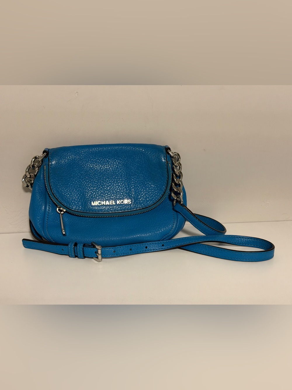 Michael Kors Teal Blue Pebbled Leather Bedford Flap Chain Link Crossbody Bag